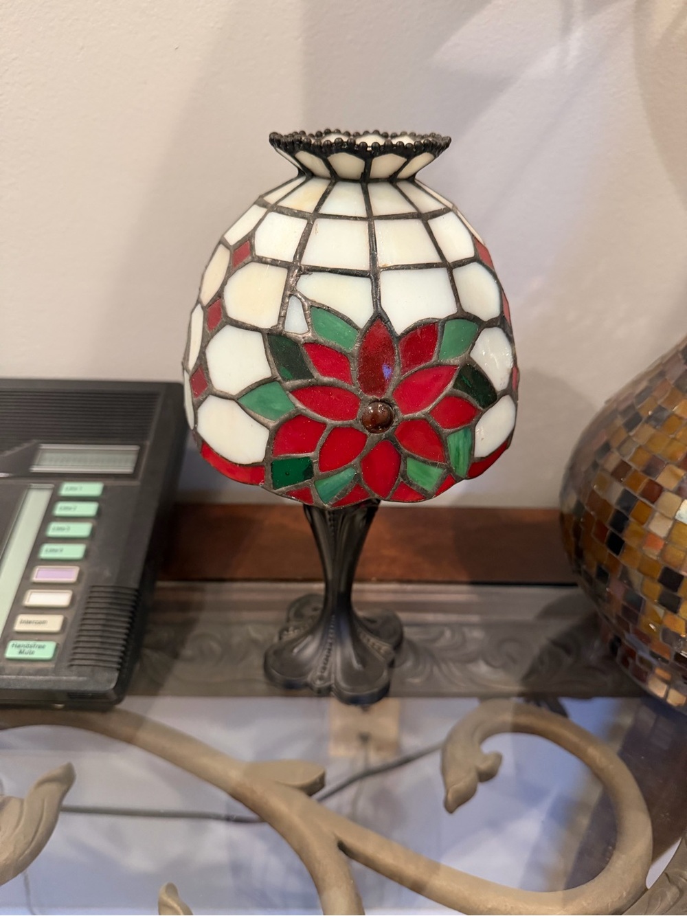 PartyLite Stained Glass Poinsettia Table Tea Light Candle Holder Lamp
